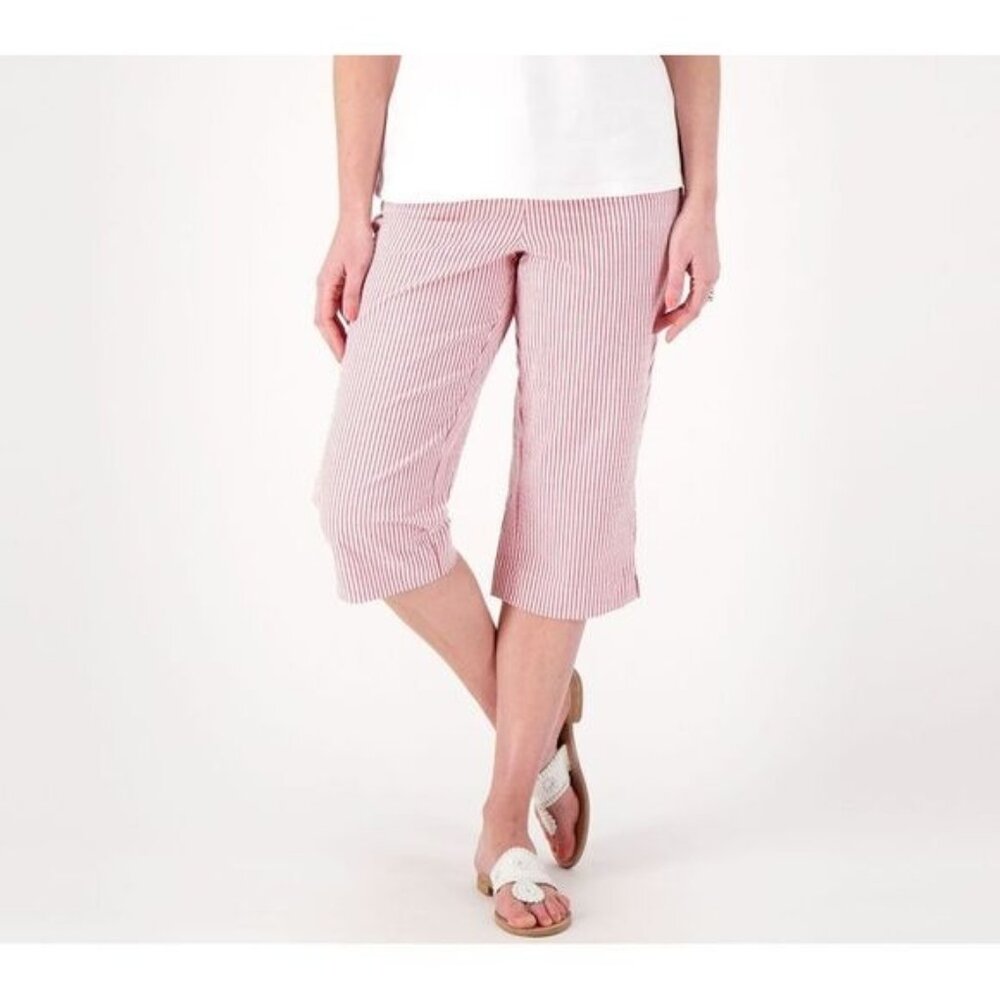 Quacker Factory Capri Pant Plus Size 3X Pull On 19" Stretch Seersucker Red White